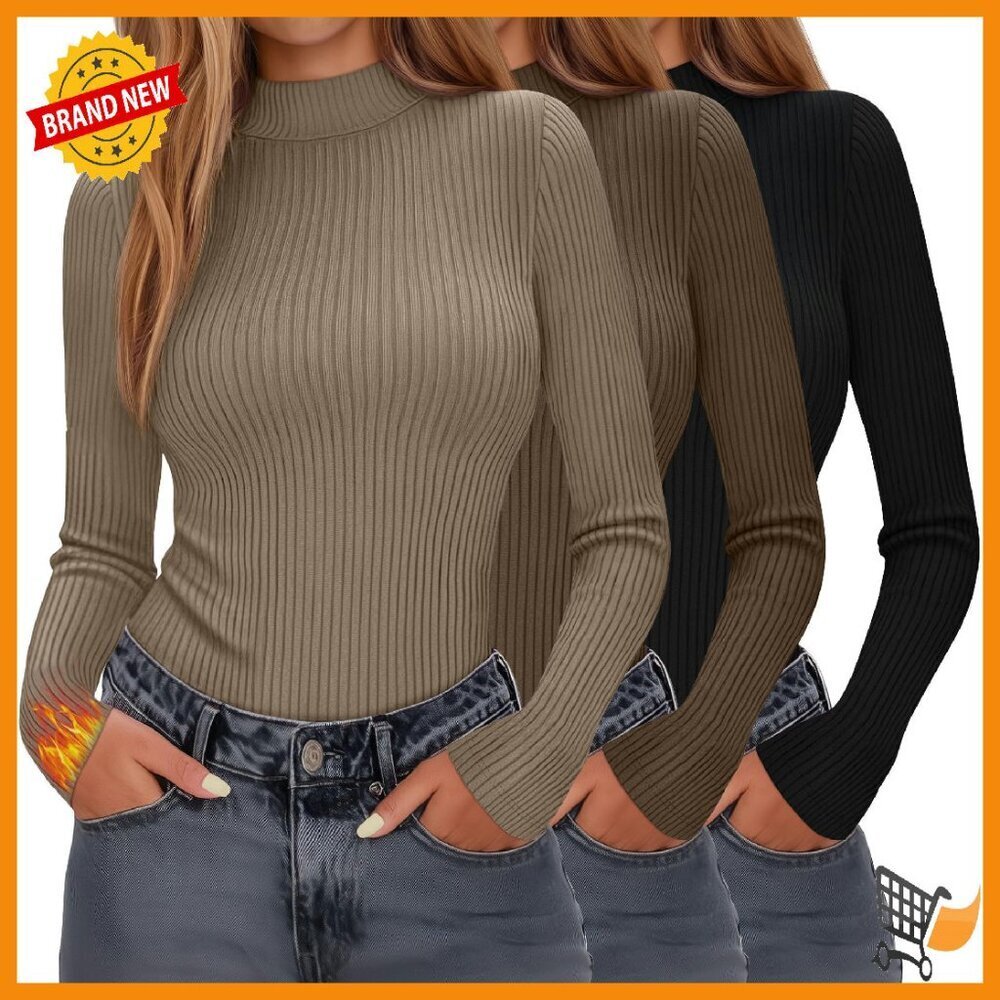 Women's Mock Neck Thermal Tops Long Sleeve Cotton Ribbed Slim Fit 3 Pack